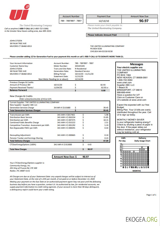 USA Connecticut The United Illuminating Company electricity utility bill template in Word and PDF format